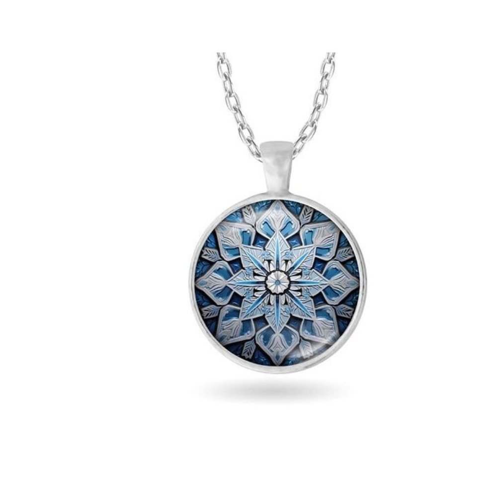 Stained Glass Icy Blue Snowflake Art Winter Christmas Silver Pendant Necklace